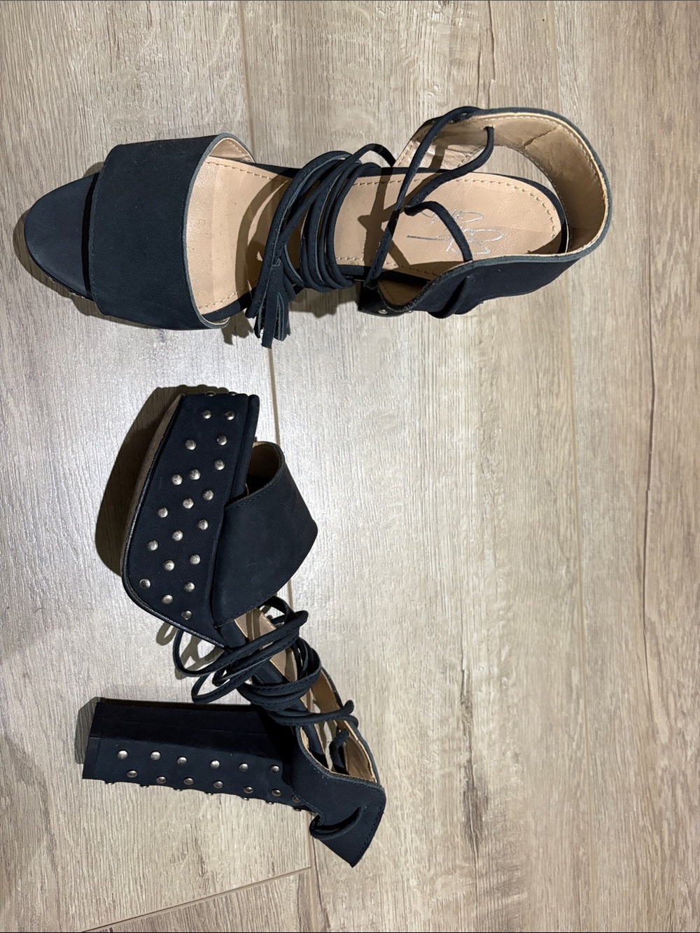 Black Studded Lace-Up Block Heel Sandals - Women